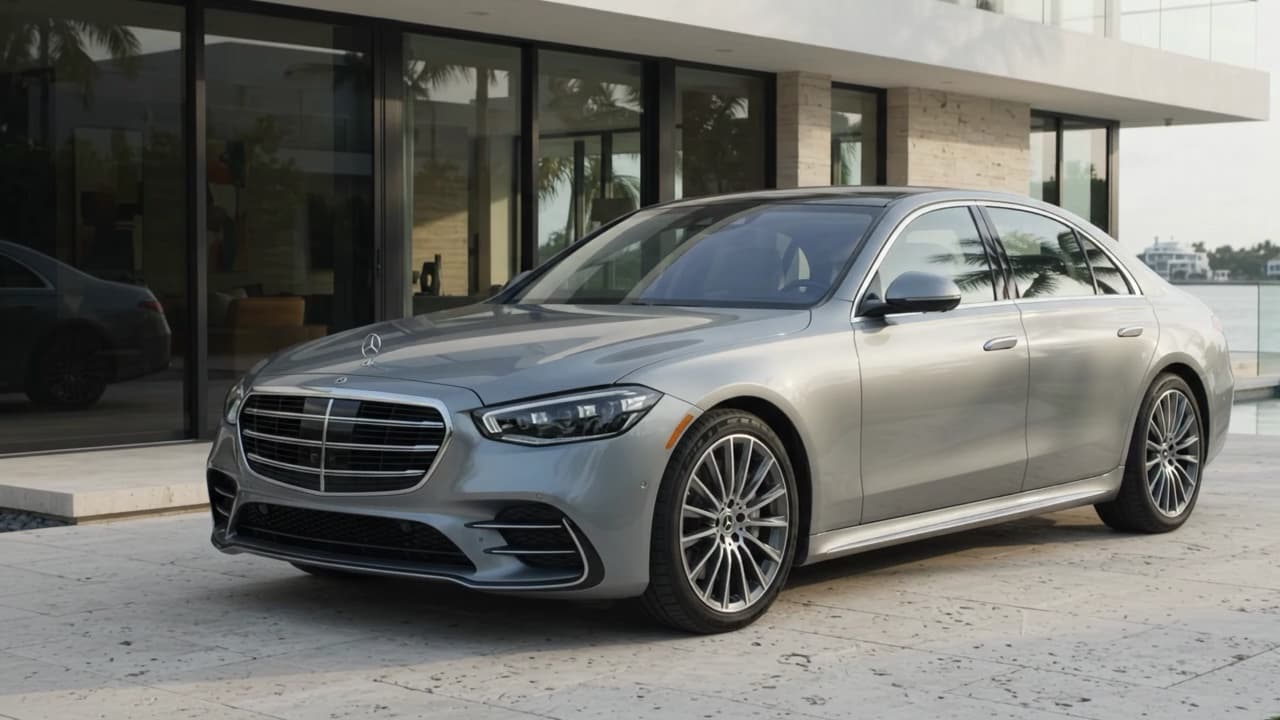 Illustrative silver Mercedes-Benz at a contemporary Miami home