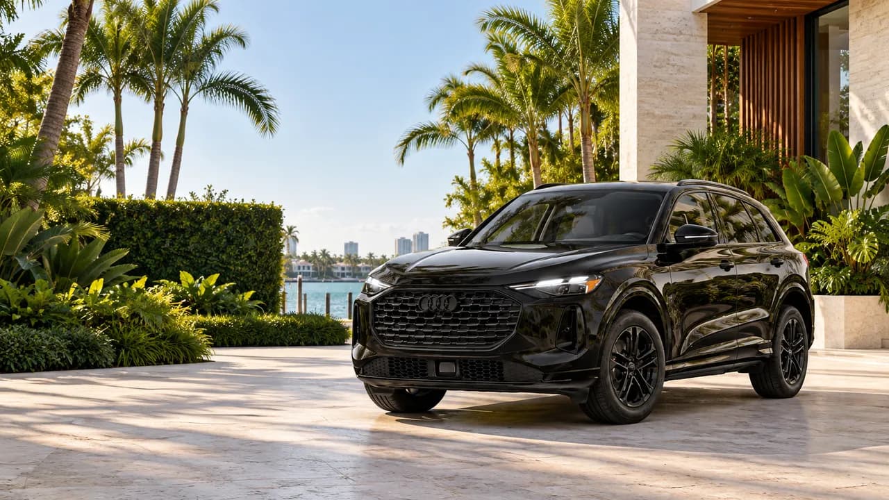 Illustrative black Audi Q5 arriving at a lush South Florida waterfront home